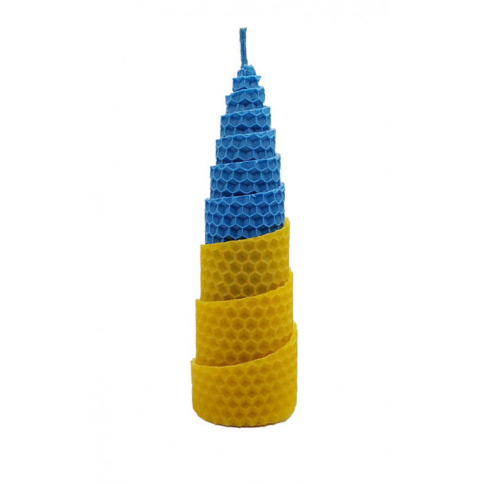 Свічка з вощини двокольорова синьо-жовта, висота 15 см.